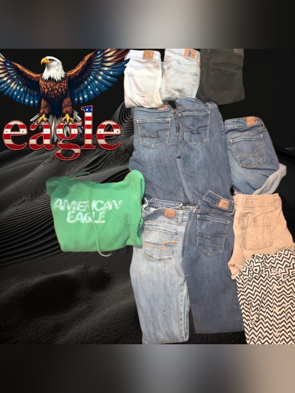 American Eagle Green Logo Hoodie + Mixed Denim Jeans Bundle & TOPs